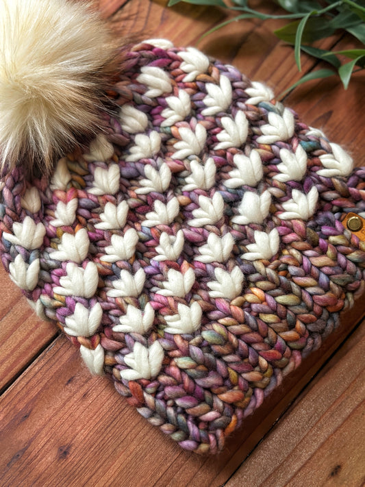 Lotus Flower Beanie in Dancing Leaves/Natural