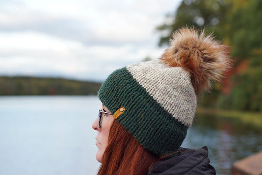 Double Brim Beanie in Forest + Wheat